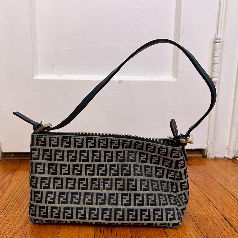 FENDI Vintage Zucca Monogram Logo Shoulder Bag Pochette Grey Canvas